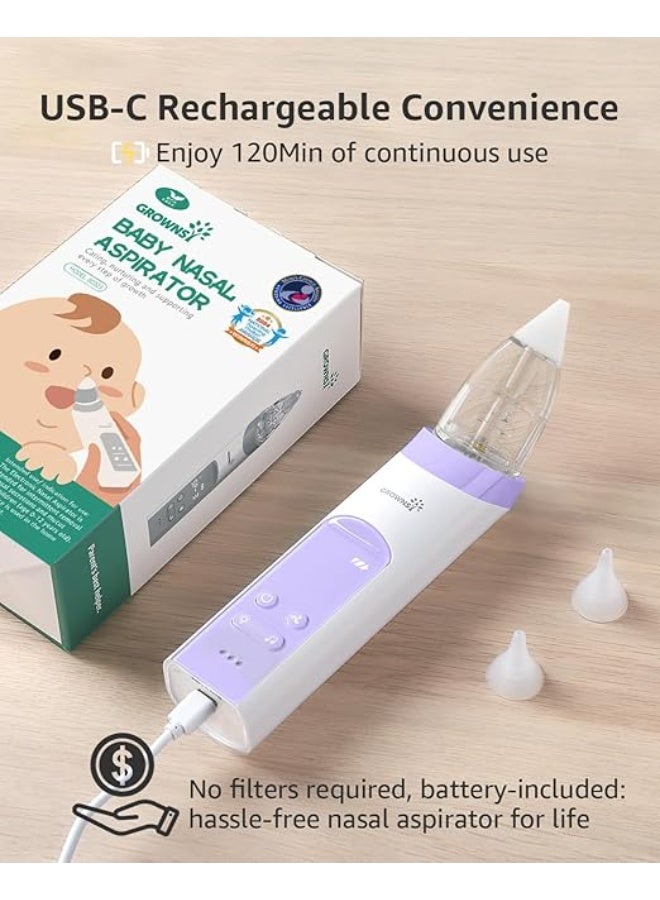 GROWNSY Electric Nasal Aspirator for Baby - Automatic Nose Sucker with 3 Silicone Tips - Adjustable Suction Levels with Music & Light Soothing Function - Purple - Image 3